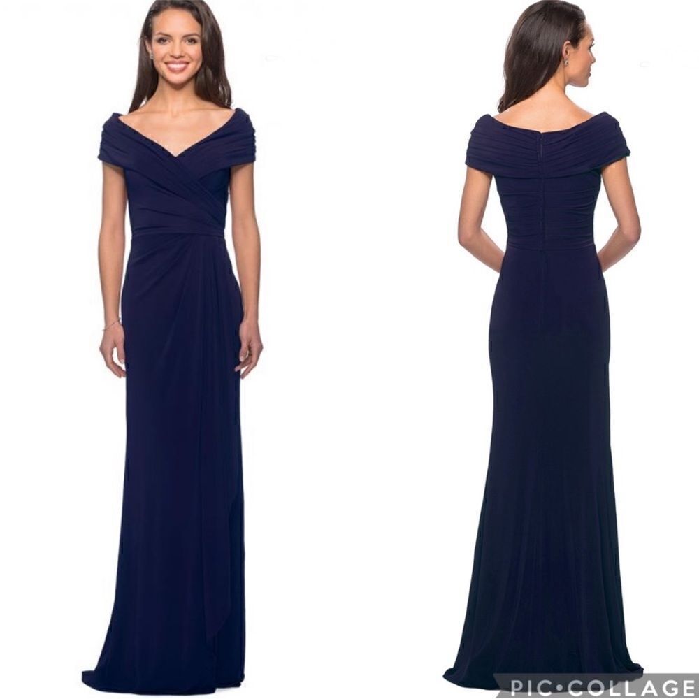NEW La Femme Off the Shoulder Jersey Maxi Gown 4 Blue #26519